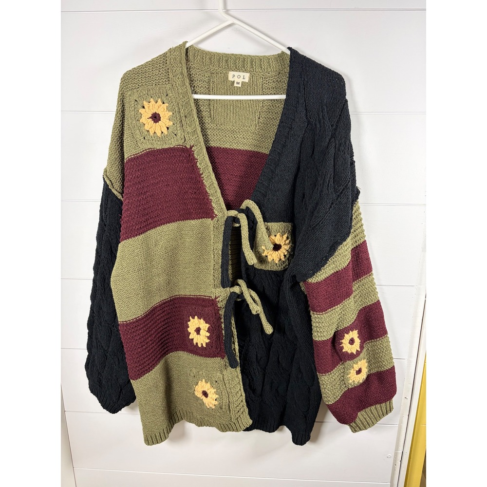 POL Cardigan Sweater Sunflower Crochet Patchwork Sz M Oversized Boho Tie Front - Picture 2 of 12